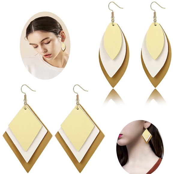 ‼️BOGO FREE Leather Leaf Drop Earrings Gold Layer - Picture 4 of 7